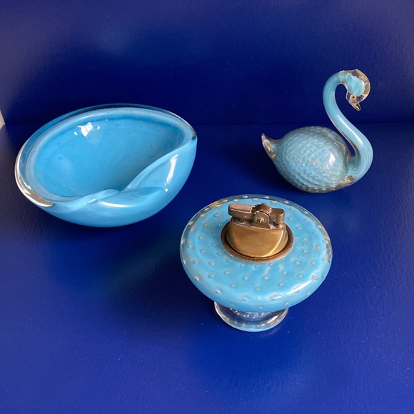 VTG Italy Alfredo Barbini MURANO GLASS Blue & Gold Leaf Ashtray & Lighter & Swan - Picture 1 of 12